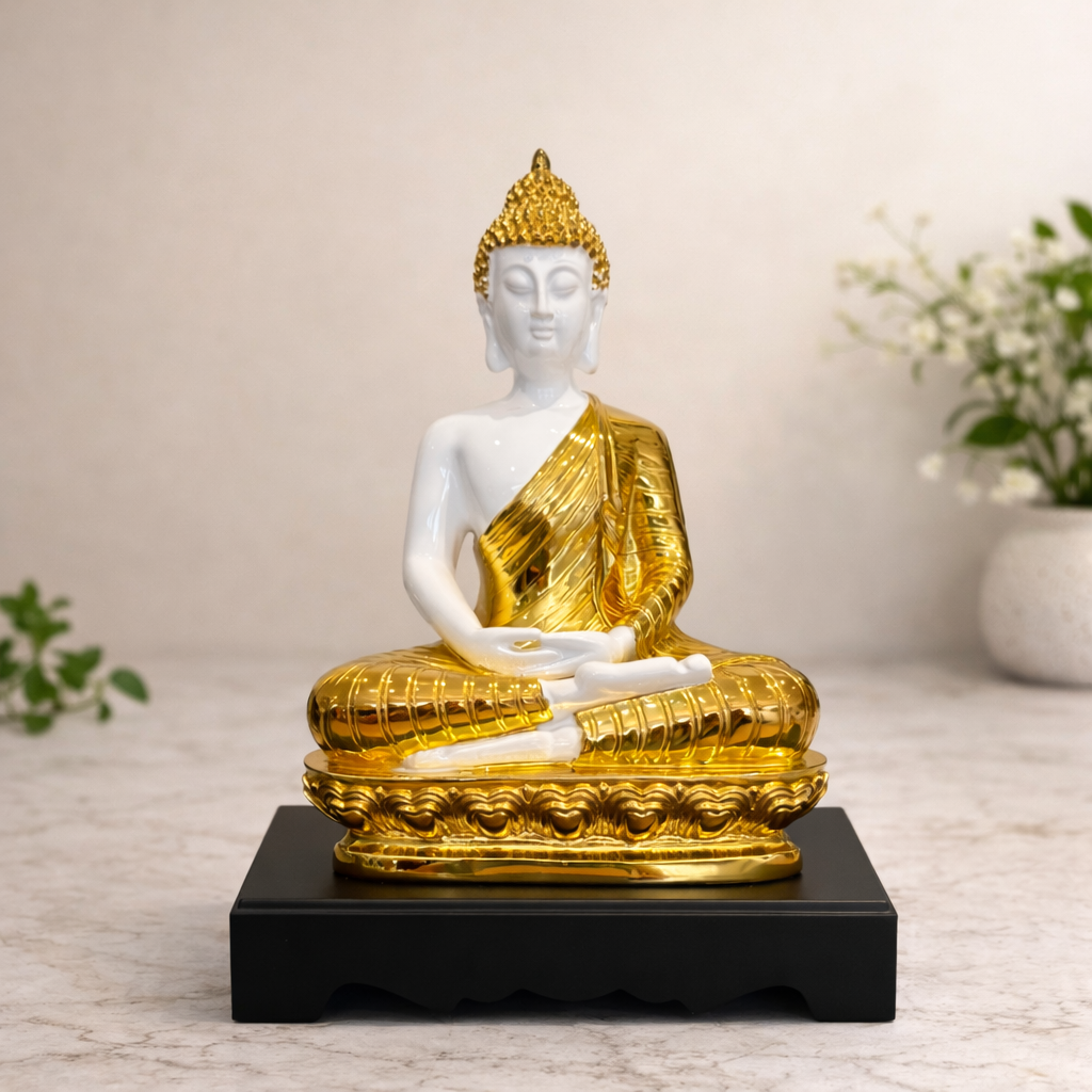 White and Gold Meditating Buddha Statue
