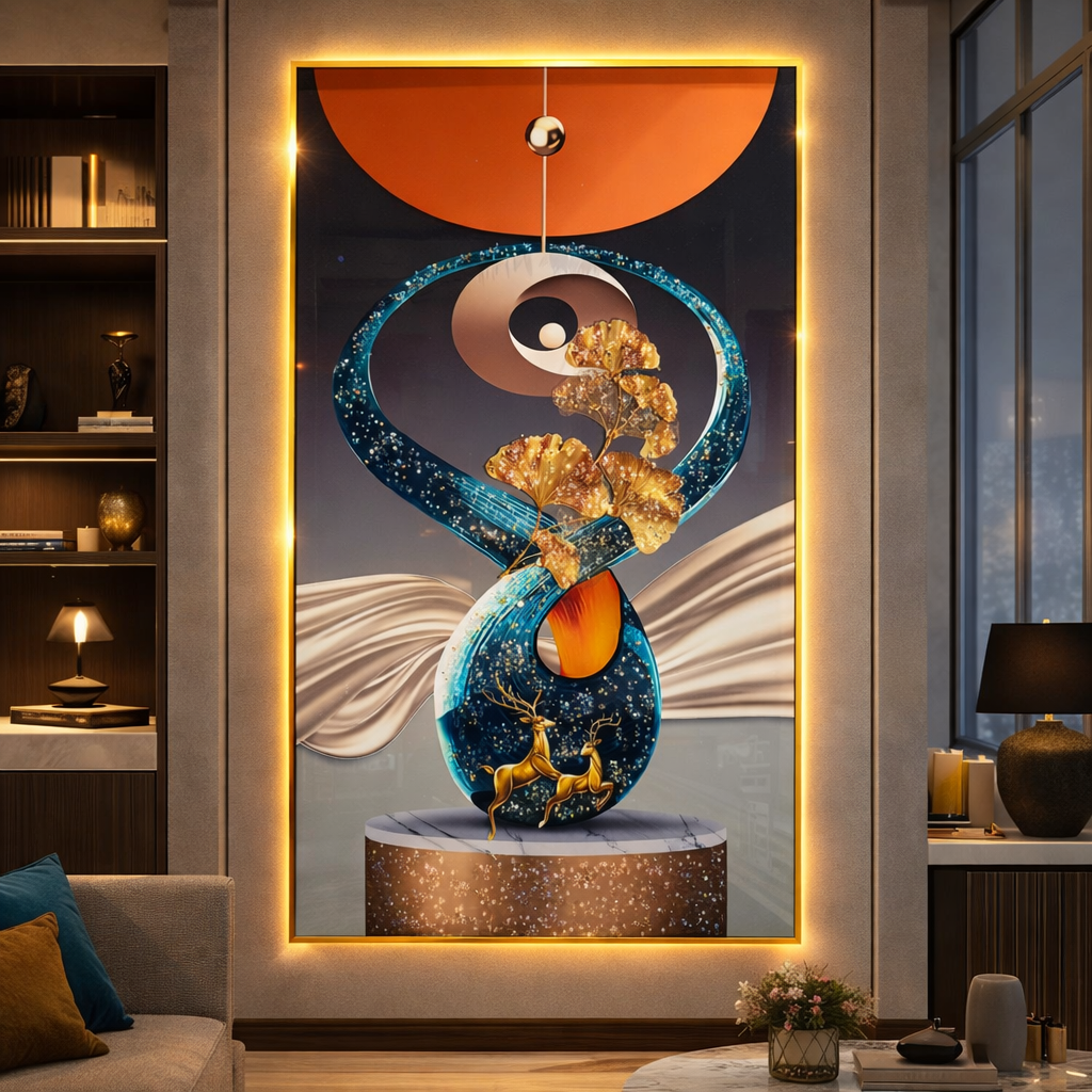 Yin Yang Golden Ginkgo Deer Diamond Crystal Porcelain Wall Art