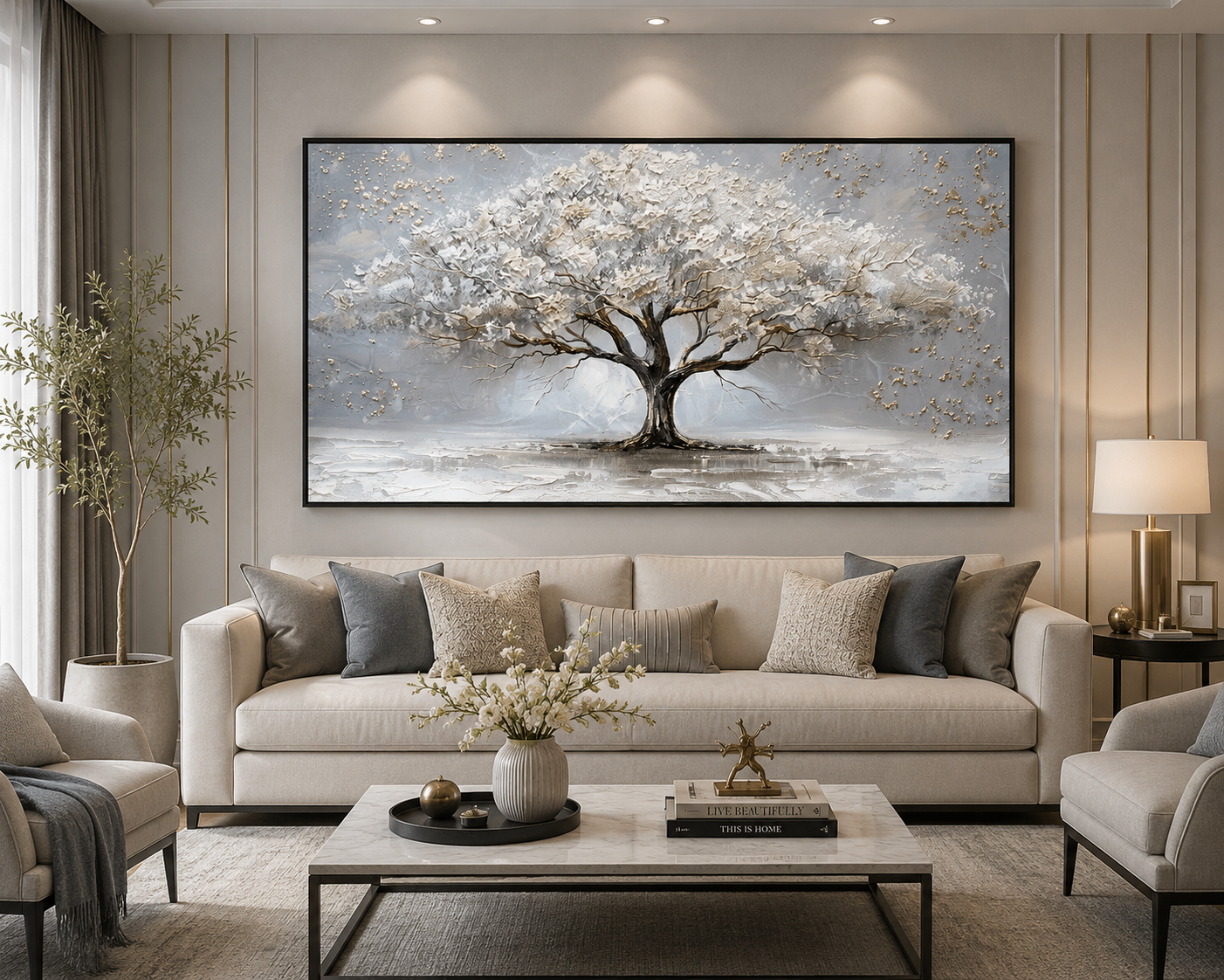 Elegant Silver Blossom Tree Wall Art – Premium Textured Canvas for Modern Living Spaces