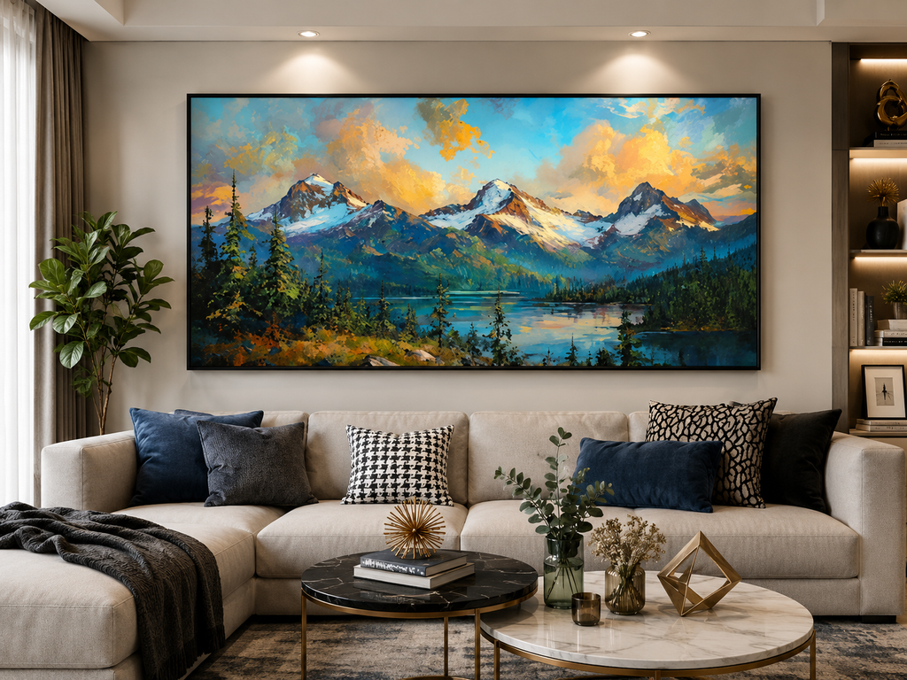 Alpine Lake Sunset Oil Painting Wall Art - Framed Canvas Print