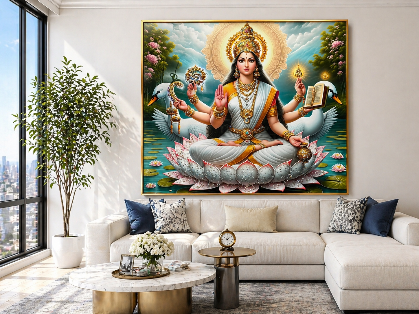 Goddess Saraswati Lotus Diamond Crystal Porcelain Wall Art