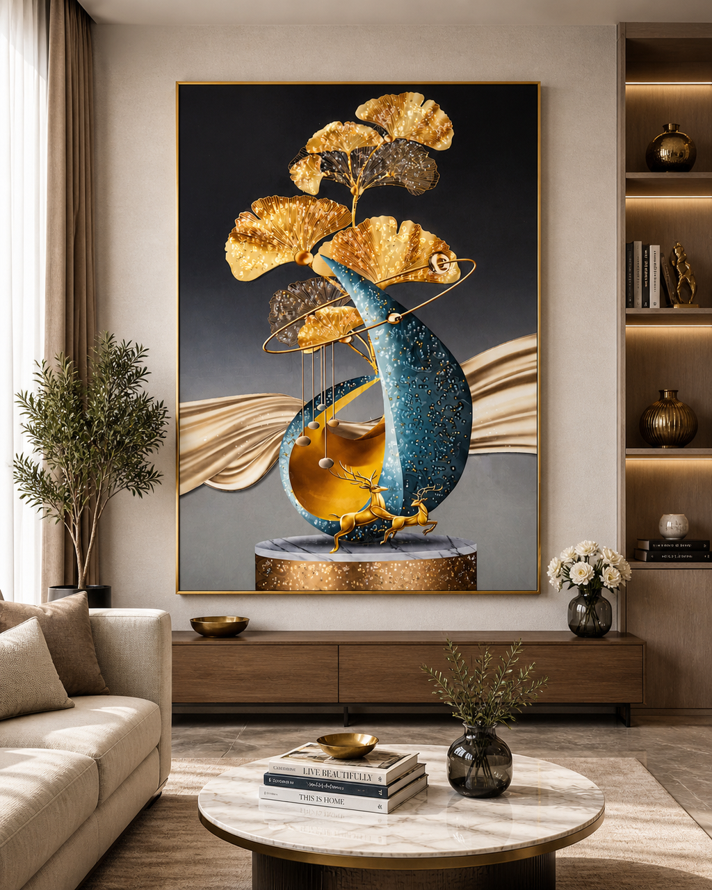 Golden Ginkgo Moon Diamond Crystal Porcelain Wall Art