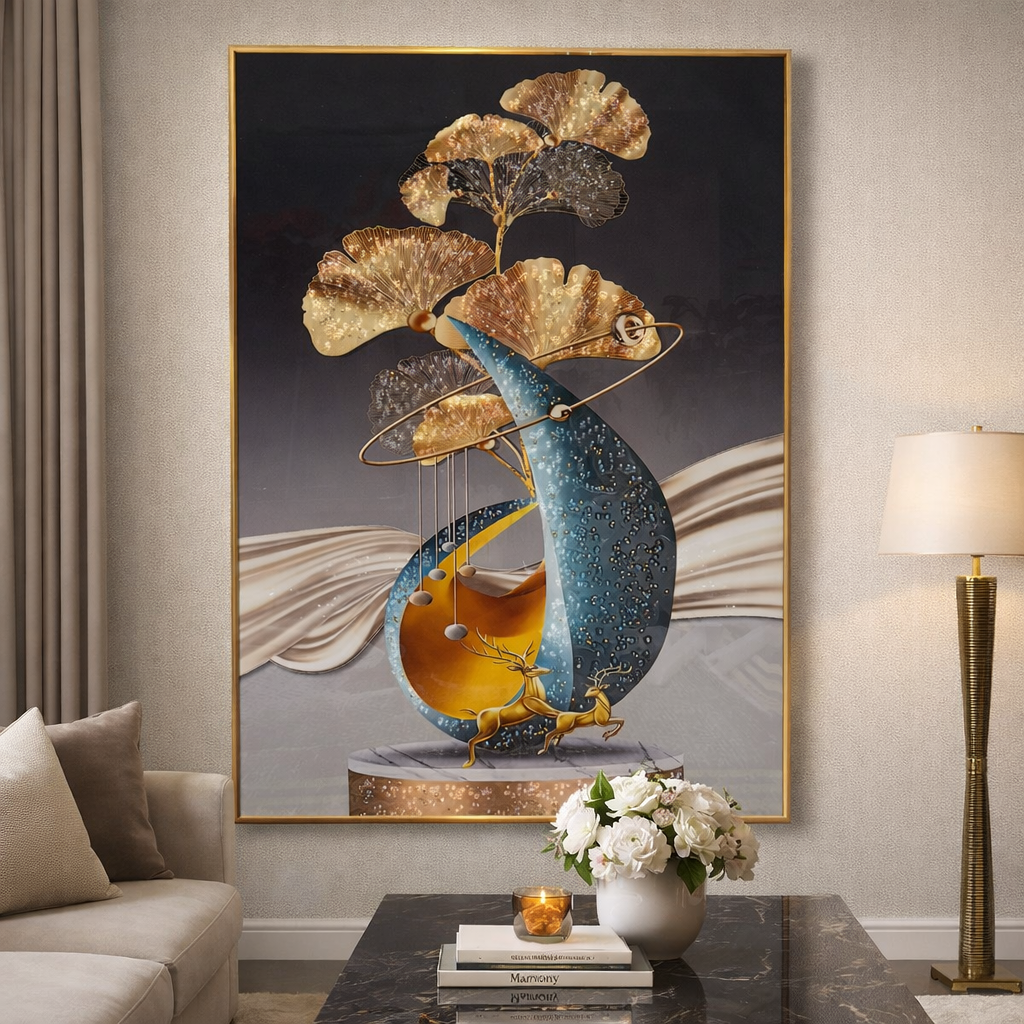 Golden Ginkgo Moon Diamond Crystal Porcelain Wall Art