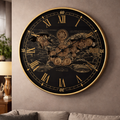 D100cm Round Vasco Map Industrial Moving Cogs Wall Clock - Black with Gold