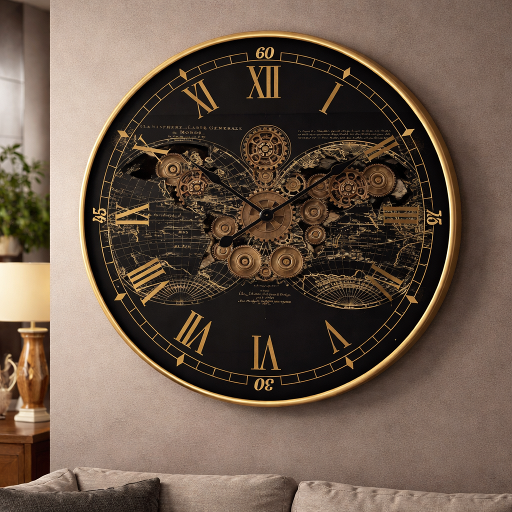D100cm Round Vasco Map Industrial Moving Cogs Wall Clock - Black with Gold