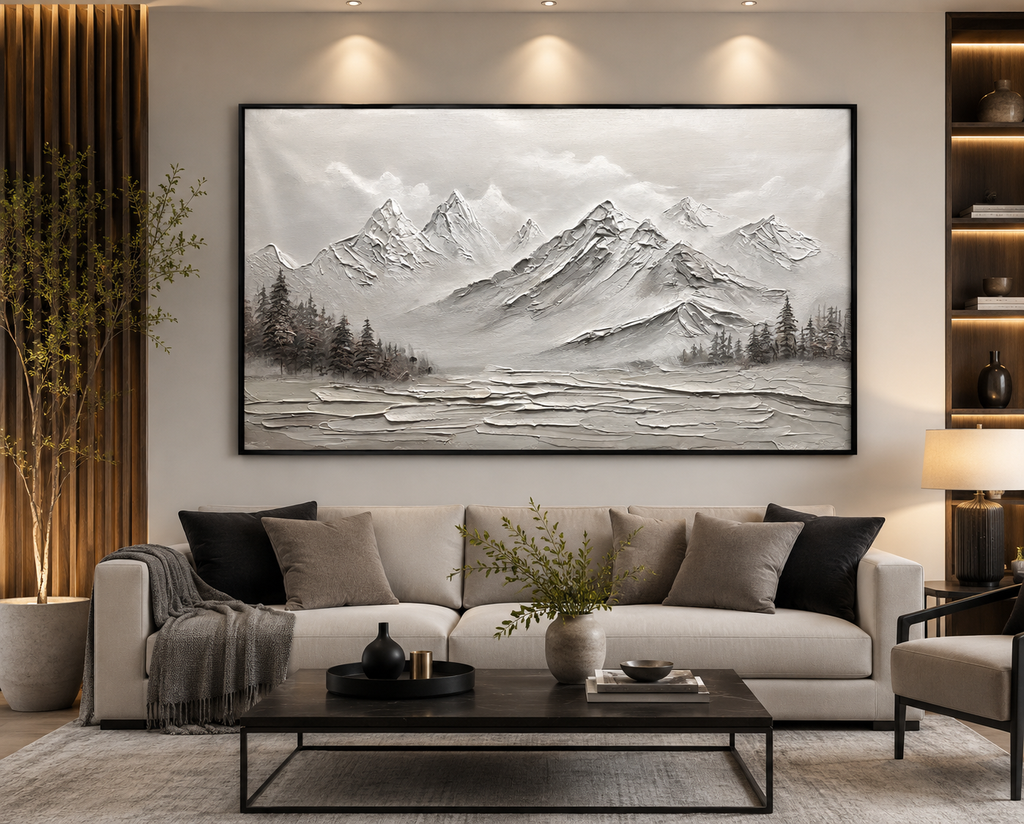 Misty Snow Mountain Lake Oil Painting Wall Art - Framed Canvas Print
