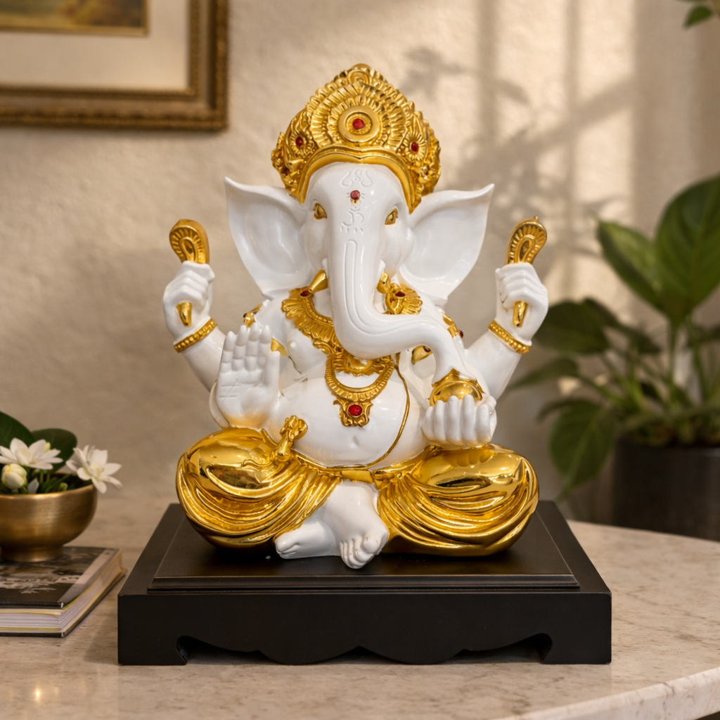 Elegant White and Gold Lord Ganesha Statue