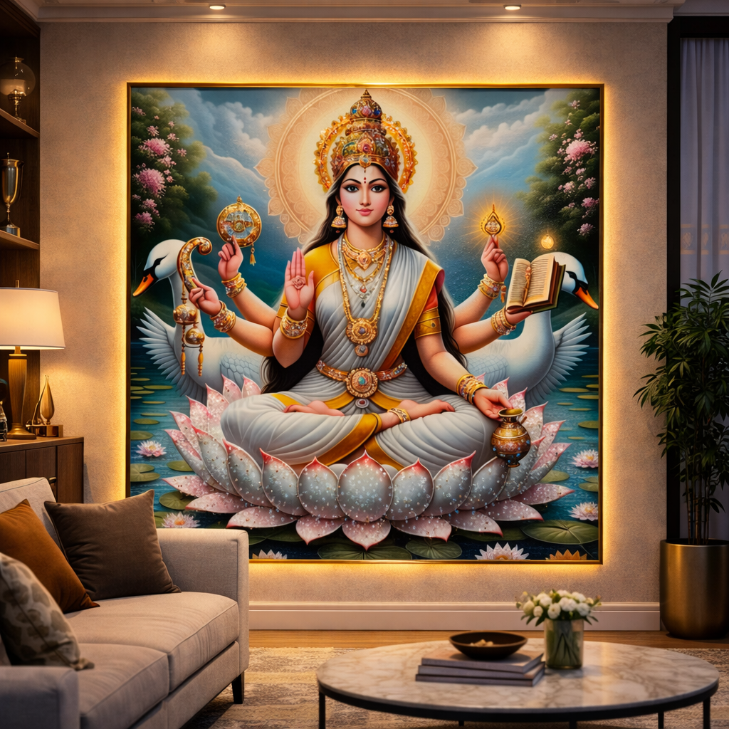 Goddess Saraswati Lotus Diamond Crystal Porcelain Wall Art