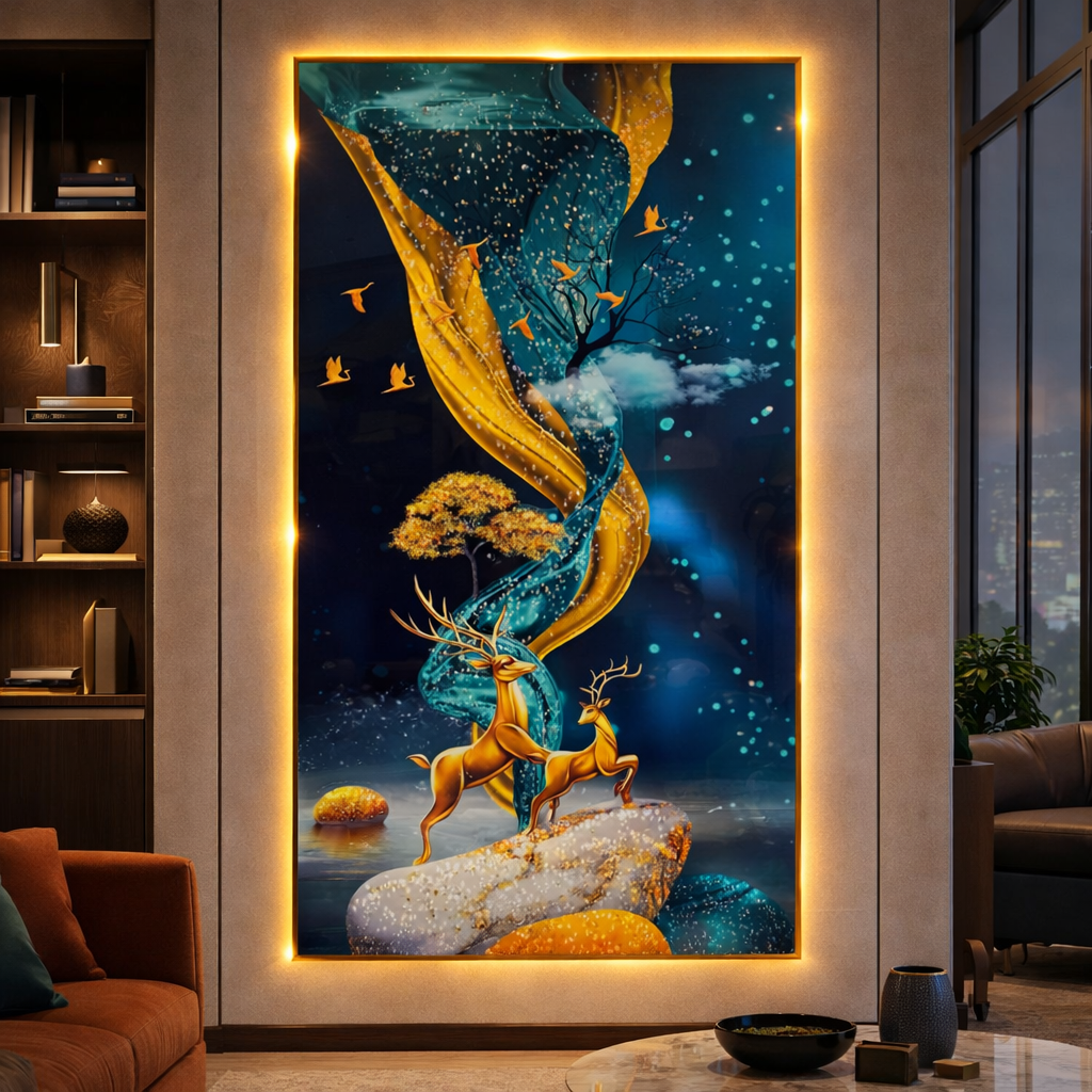 Golden Deer Celestial Dream Diamond Crystal Porcelain Wall Art