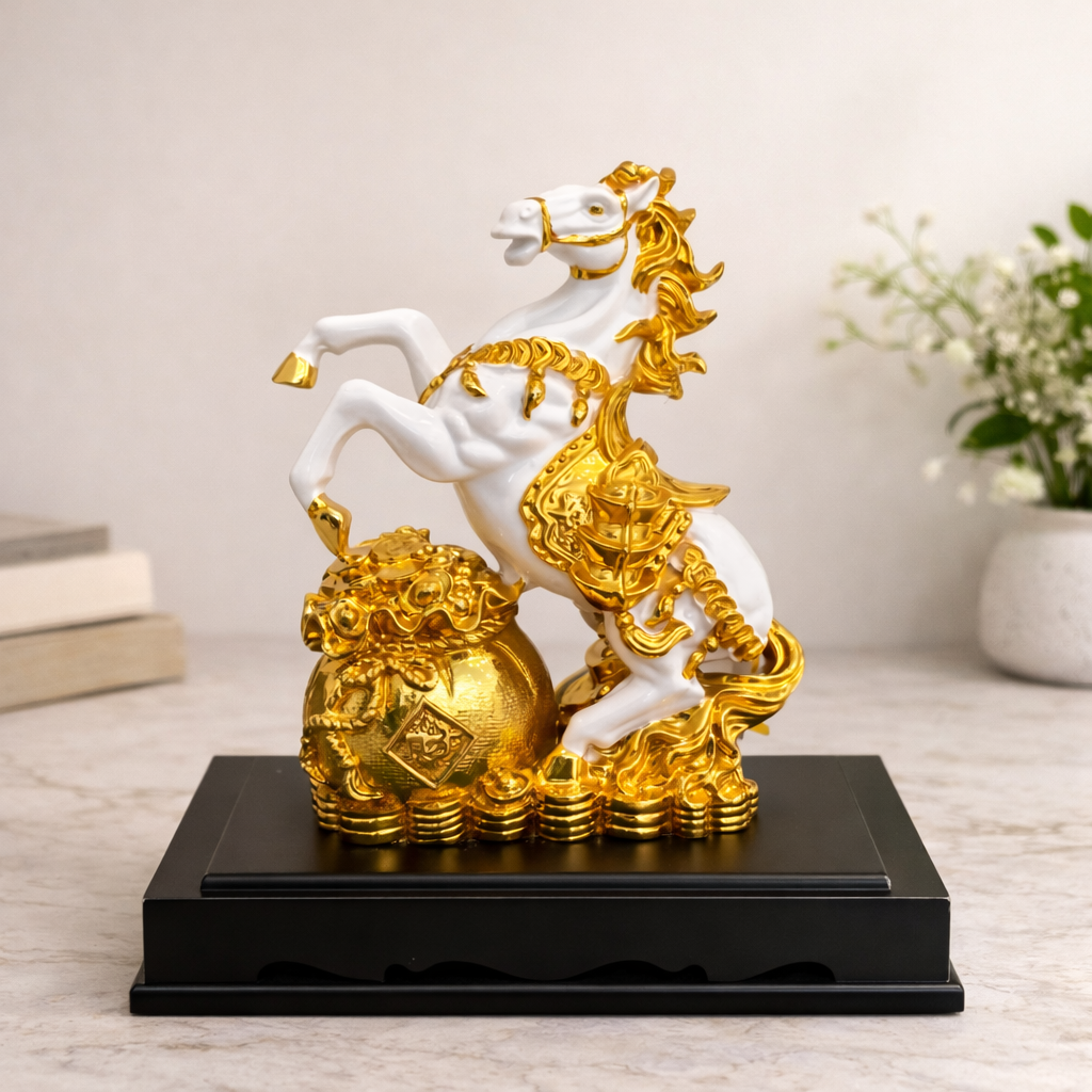 Feng Shui White and Gold Rearing Horse Statue with Wealth Bag