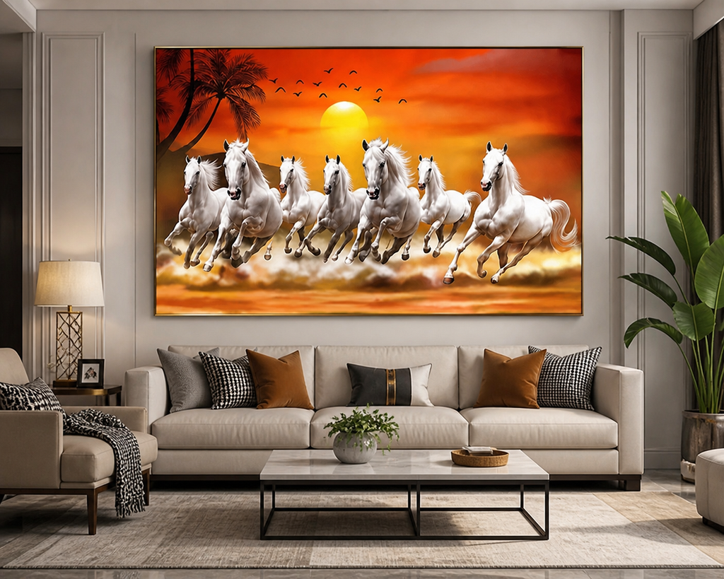 Seven White Horses Sunset Wall Art - Framed Canvas Print