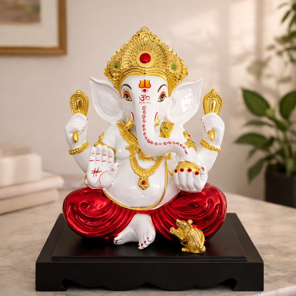 Lord Ganesha Statue with Om in White and Red