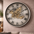 D60cm Round Marco Map Industrial Moving Cogs Wall Clock - Silver with Black Wash