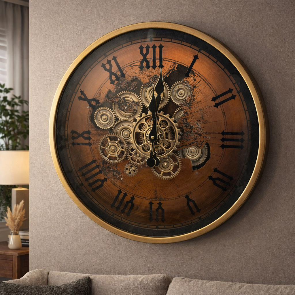 Round Vintage Map Industrial Moving Cogs Wall Clock - Bronze and Gold
