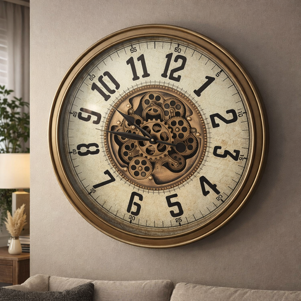 Round Vintage Cream Industrial Moving Cogs Wall Clock - Antique Gold