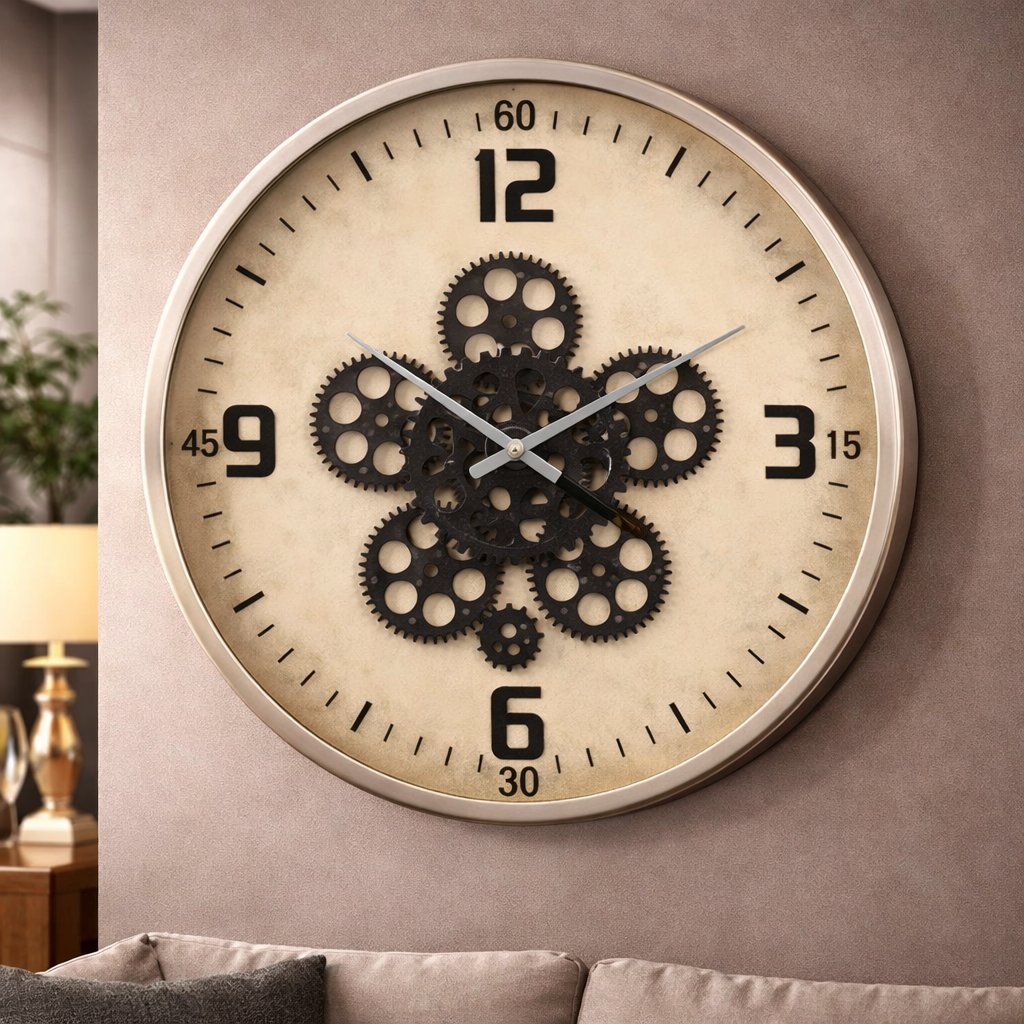 Harold Modern Round Exposed Movement Gear Wall Clock - Beige