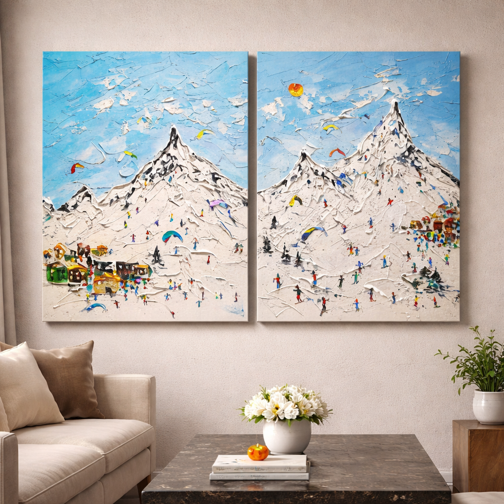 Alpine Ski Resort Diptych Acrylic Painting