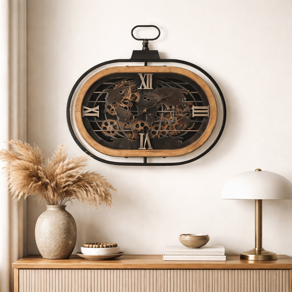 D60cm Oval Atlas Columbus Exposed Moving Gear Wall Clock - Natural W/Black