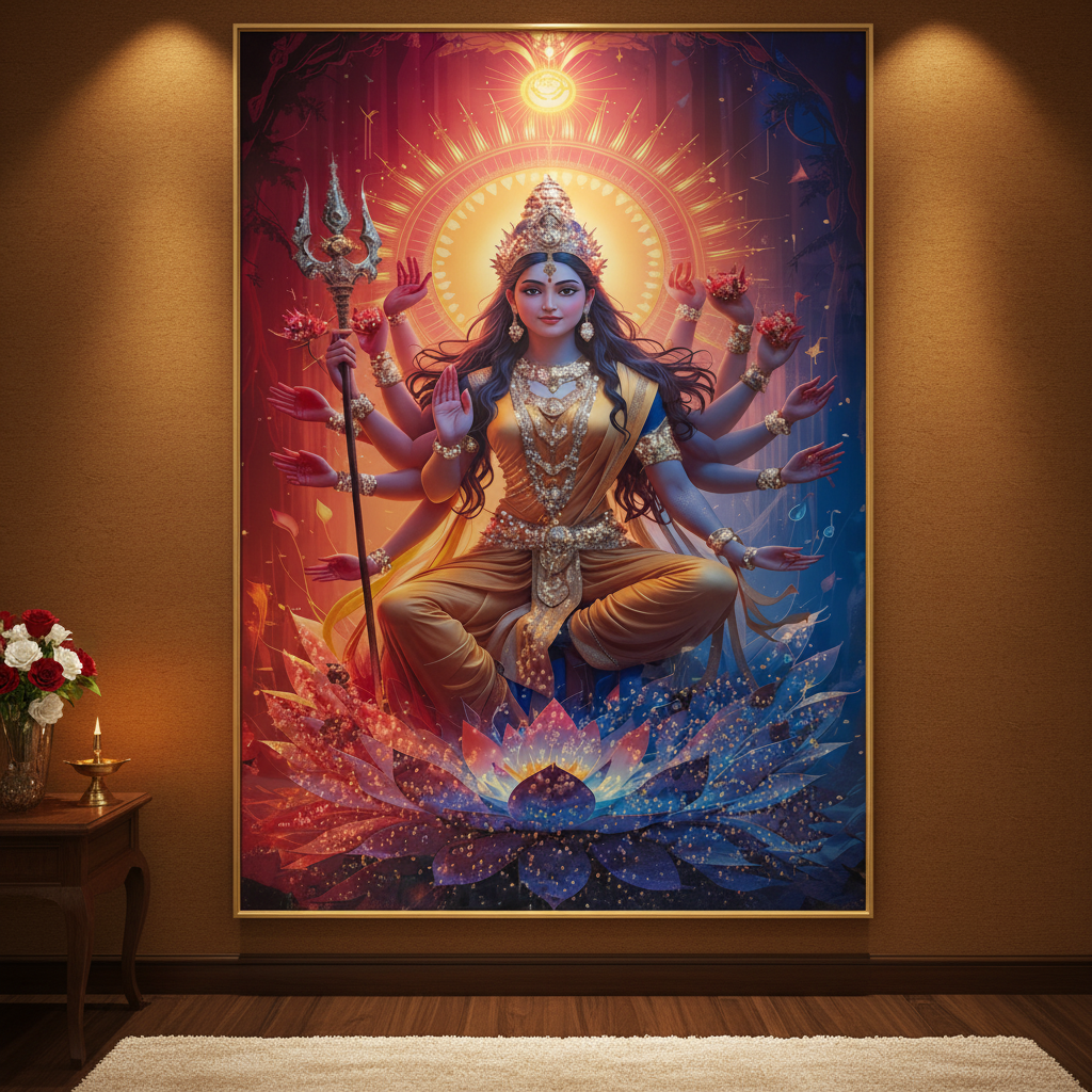 Divine Durga Shakti Diamond Crystal Porcelain Wall Art in elegant interior setting