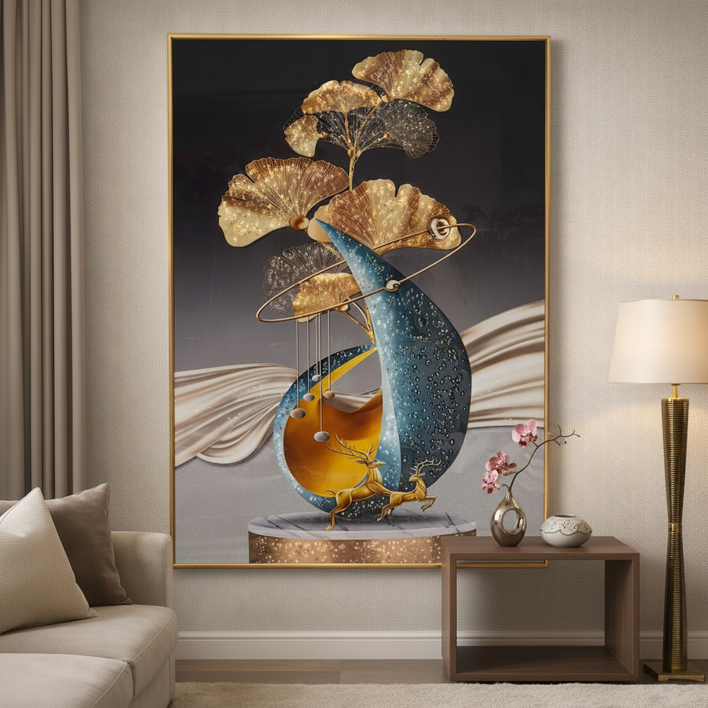 Golden Ginkgo Moon Diamond Crystal Porcelain Wall Art in elegant interior setting