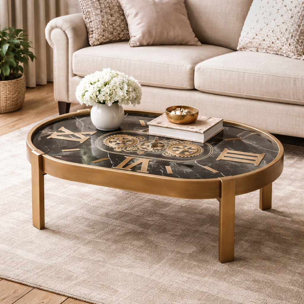 Oval 100cm Venetian Marble Moving Cogs Clock Coffee Table - Gold Wash