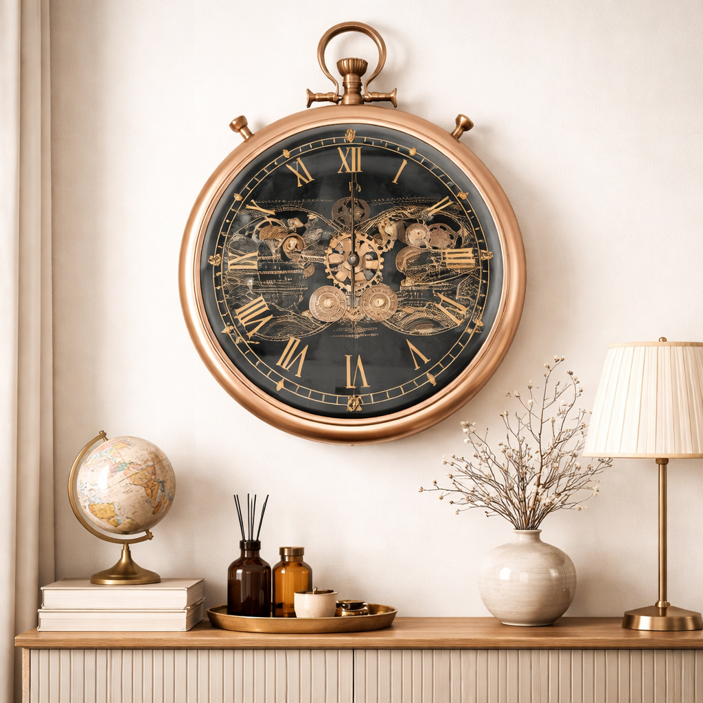 D53cm Round Vasco Map FOB Stopwatch Industrial Moving Cogs Wall Clock - Gold W/Black