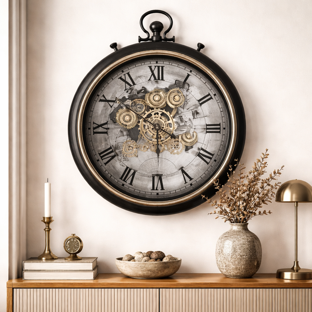 D53cm Round Marco Map FOB Stopwatch Industrial Moving Cogs Wall Clock - Black W/Silver