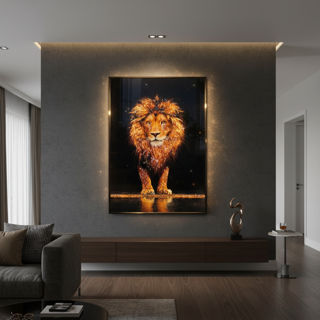 Majestic Golden Lion Diamond Crystal Porcelain Wall Art in elegant interior setting